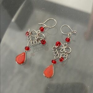 Vintage Red Glass Teardrop Dangle Earrings | Wirework Chandelier Style